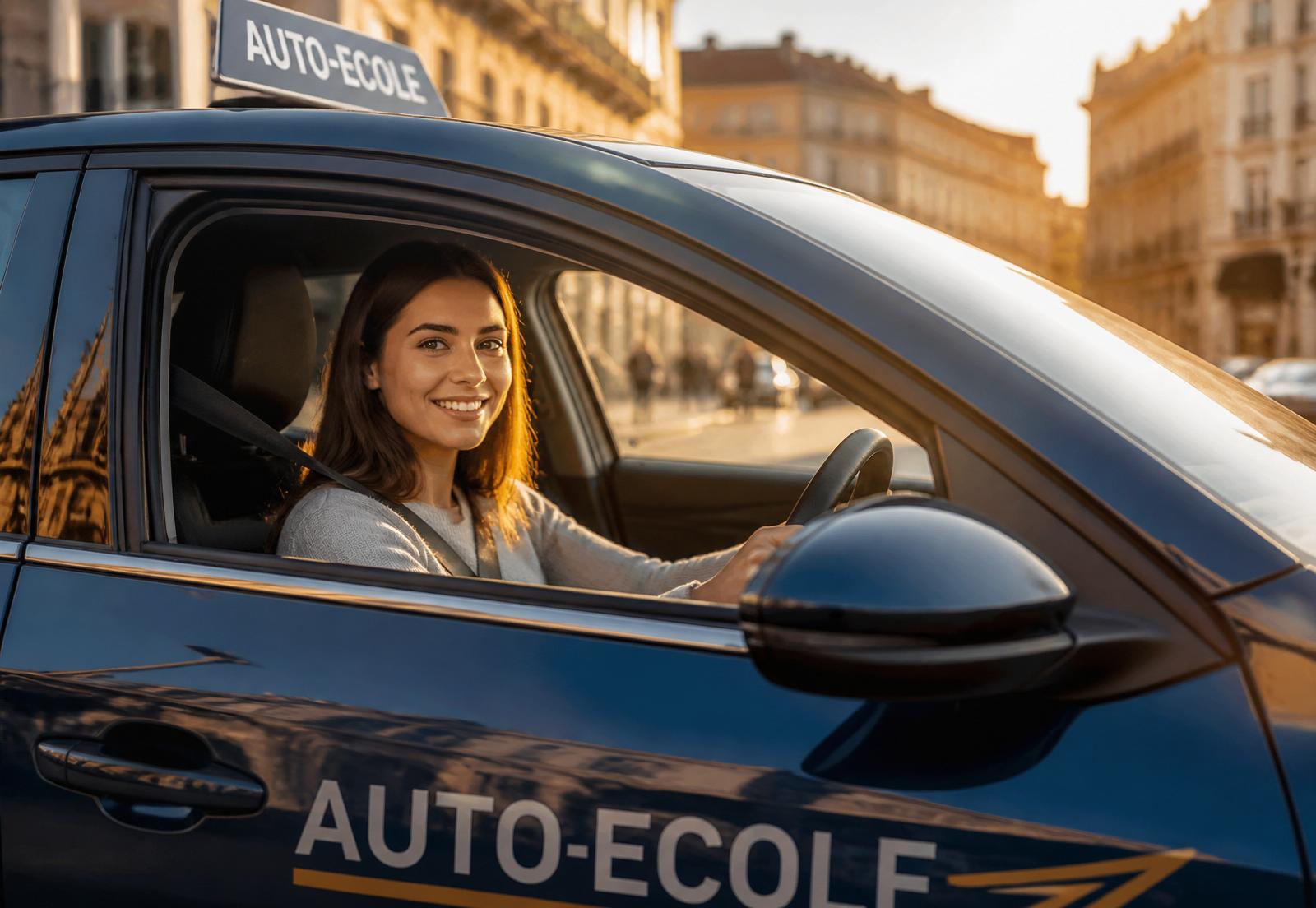 Élève conductrice au volant d'une voiture auto-école dans une rue italienne